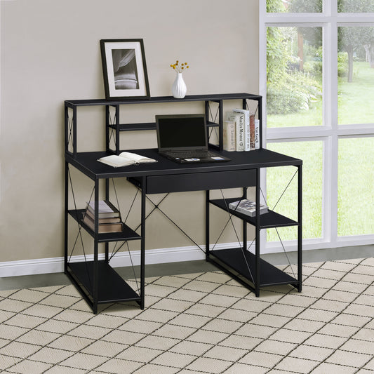 Modern Black Writing Desk with Open Storage and Metal Base