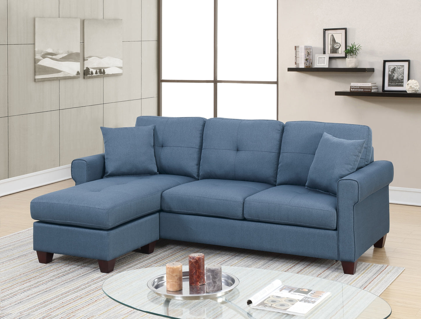 Reversible Sectional Sofa with Tufted Cushions, 86x59 in, 4-Seat Pine Frame, Glossy Polyfiber Blue