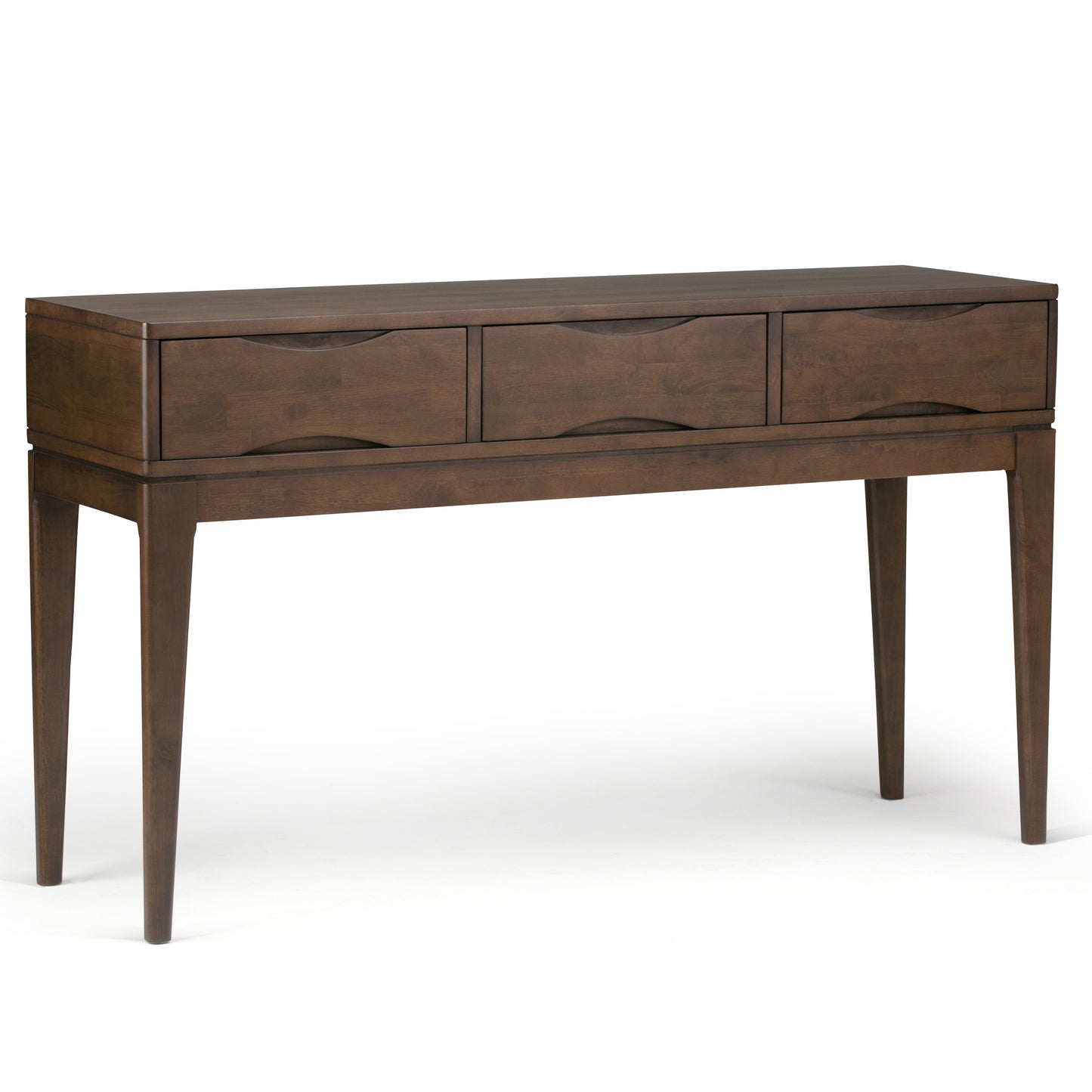 Solid Rubberwood Console Table with 3 Notched Drawers, 54W x 16D x 31H, Modern Console, Dark Walnut
