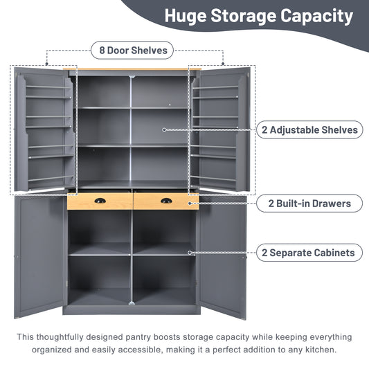 40.2"x20"x71.3" Modern High Kitchen Pantry - Spacious Storage Cabinet with Adjustable Shelves & Drawers in Gray