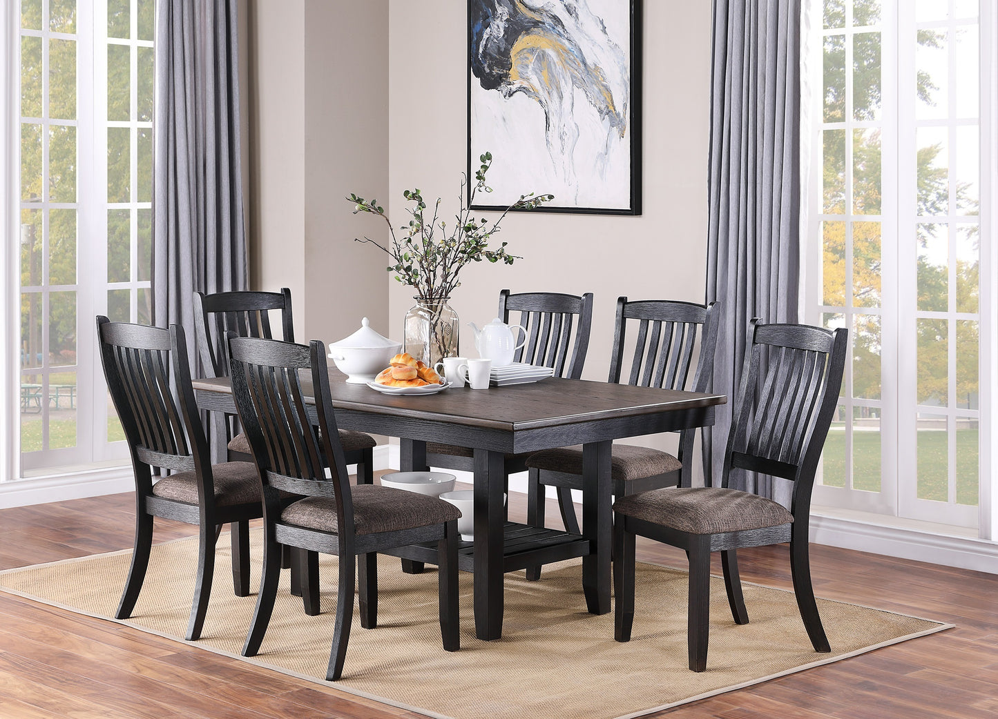 Set of 2 Contemporary Rubberwood Dining Chairs with Fabric Seats, 18x23x40 in, Dark Coffee