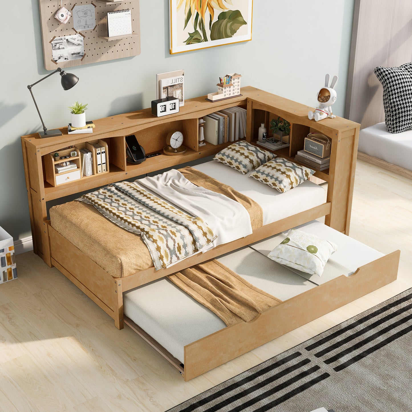 Twin Size Wooden Daybed with Trundle, Built-in Storage, and USB Charging Ports