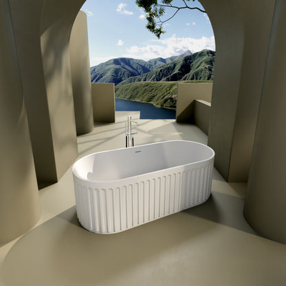 67-Inch Luxury Solid Surface Freestanding Bathtub in Matte White with Overflow and Pop-Up Drain, Engineered Stone Resin