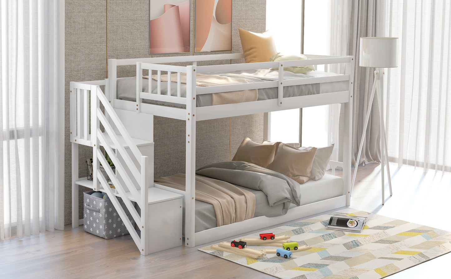 Space-Saving Twin Over Twin Bunk Bed with Storage Ladder in White
