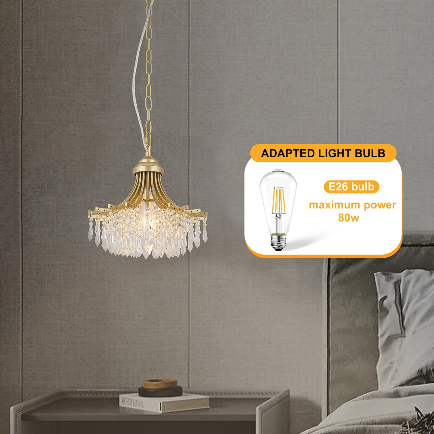 11.75-Inch Pendant Light, 1-Bulb, Fan-Shape Glass Bead Shade, Metal Chandelier, Dimmable, 10-Inch, Gold