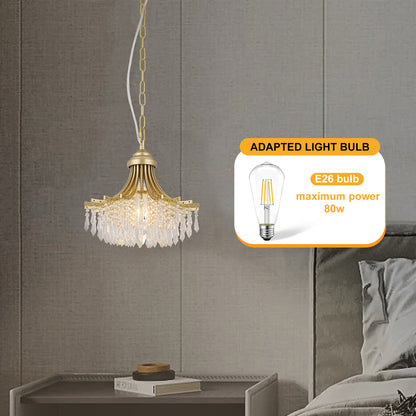 11.75-Inch Pendant Light, 1-Bulb, Fan-Shape Glass Bead Shade, Metal Chandelier, Dimmable, 10-Inch, Gold