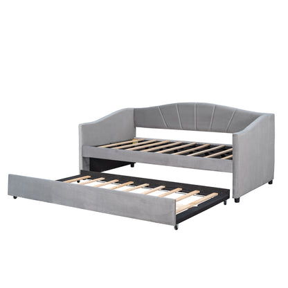 Elegant Gray Upholstered Twin Daybed Sofa with Trundle and Wooden Slats