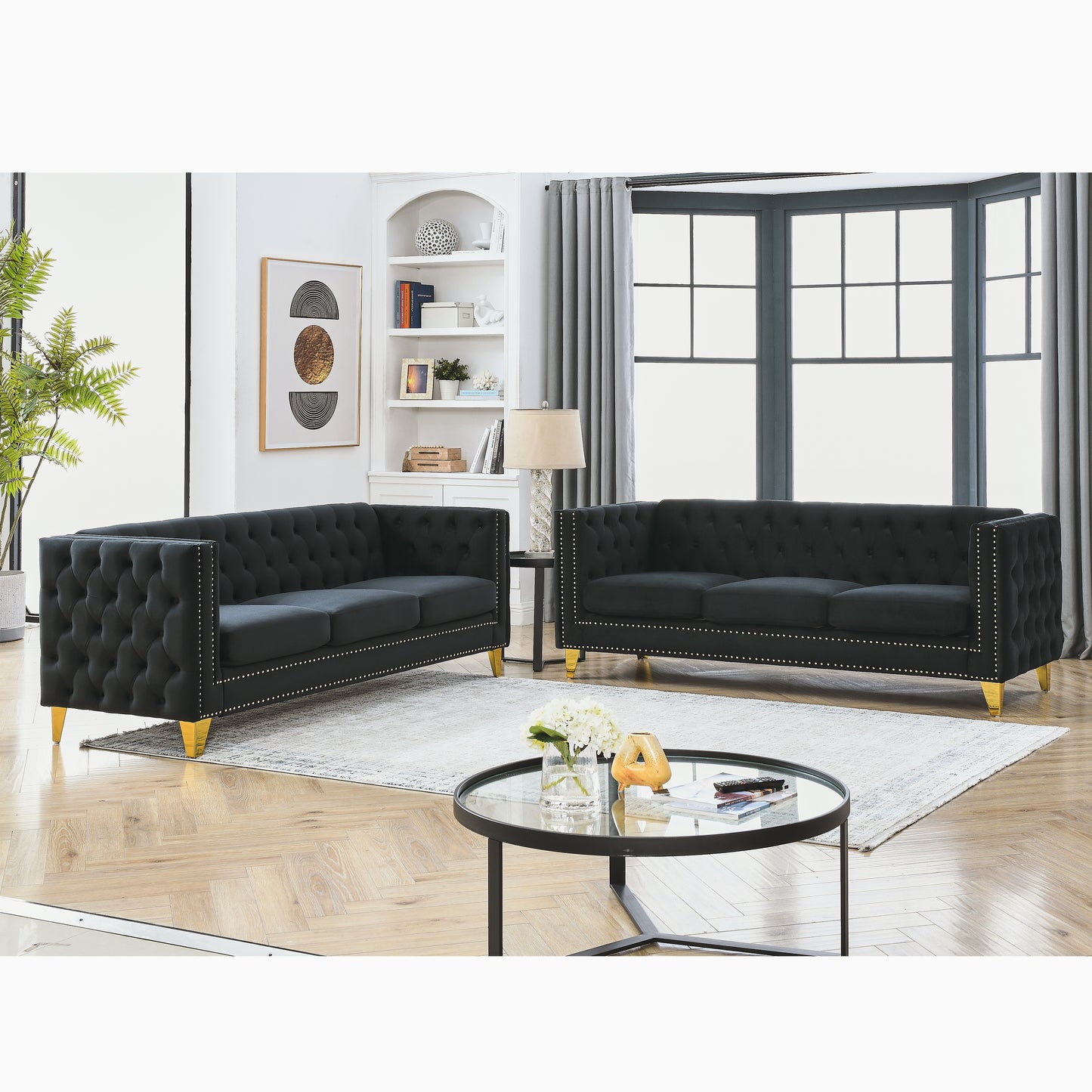 Tufted Velvet 3-Seat Sofa with Square Arms & Metal Legs - 2-Piece Living Room Sofa Set, Black Velvet