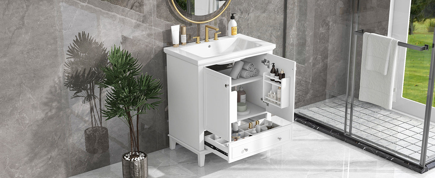 30" Modern Bathroom Vanity with Ceramic Sink, Multi-Storage Cabinet with Adjustable Shelves, Durable Solid Wood & MDF Construction, White Finish