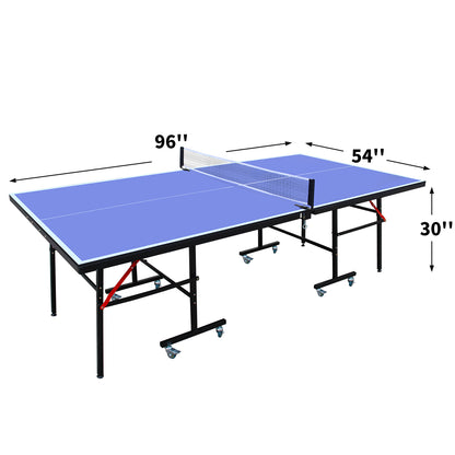 Regulation-Size 8ft Indoor Table Tennis Table, Foldable & Portable with Net, Paddles & 3 Balls Blue