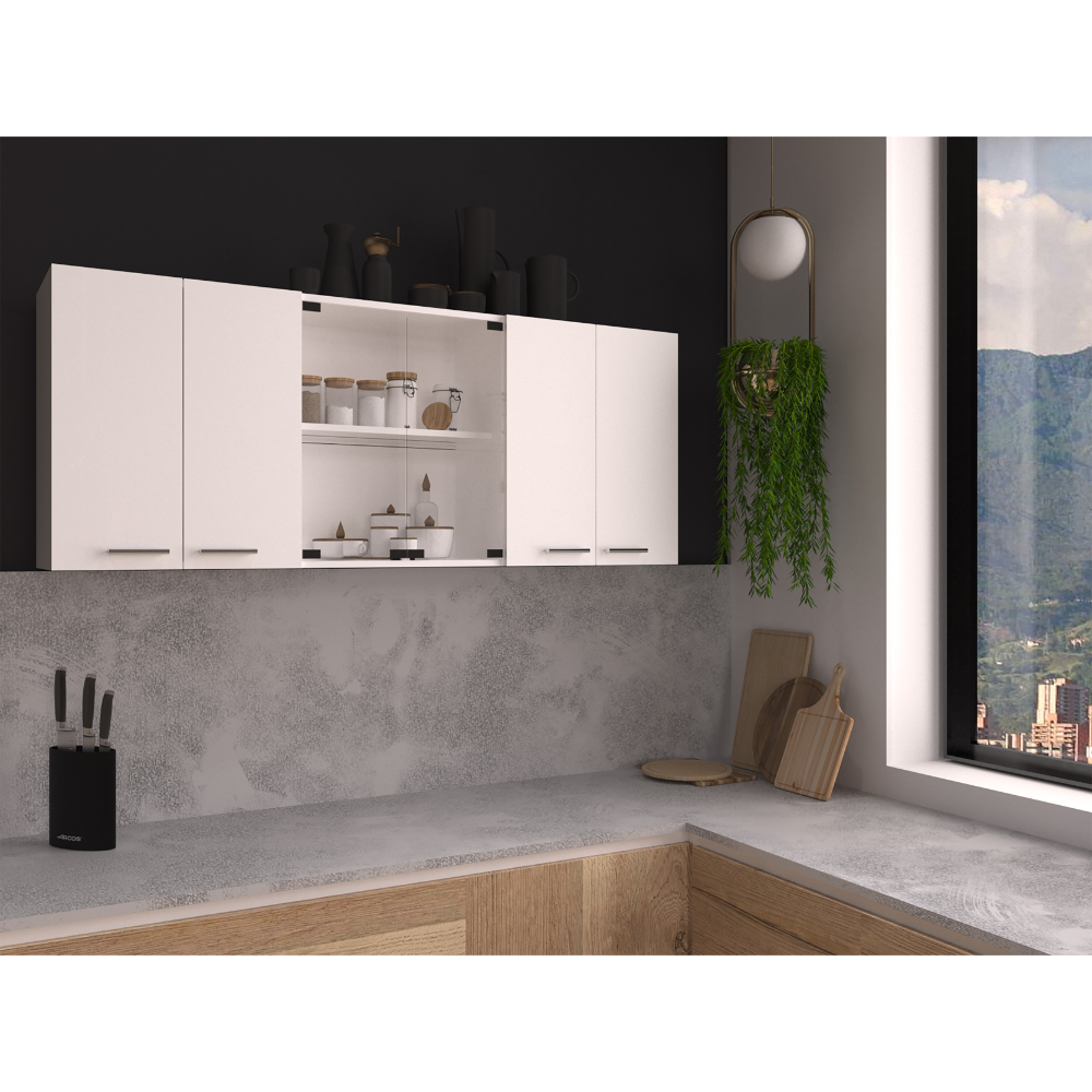 White Wall Cabinet with Four Doors, Two Glass Doors, and Internal Shelves, 24" H