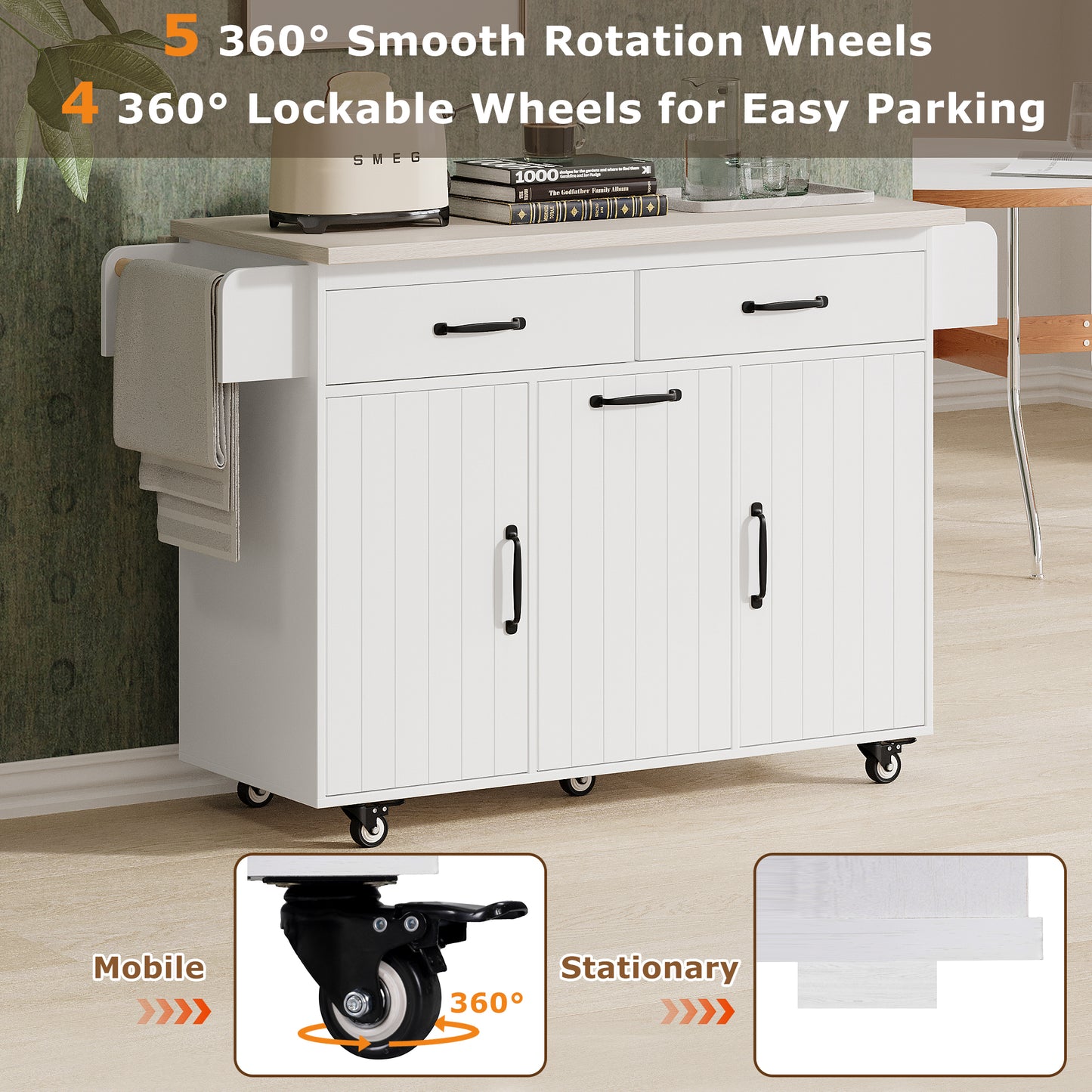 Rolling White Kitchen Island with Drop Leaf and Tilt-out Trash Can Storage, Spice Rack & Towel Rack
