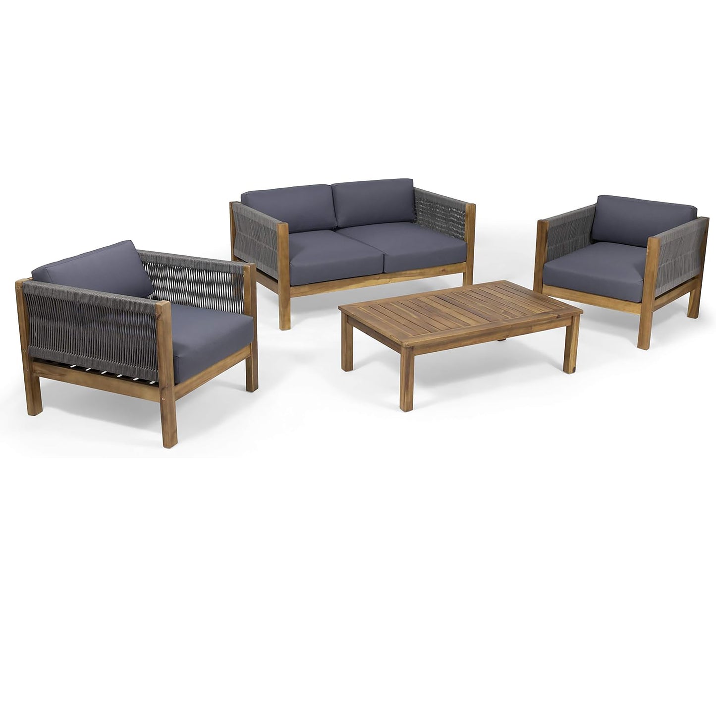 Outdoor Acacia Wood And Rope 4 Seater Chat Set With Cushions For Patio Or Garden Teak