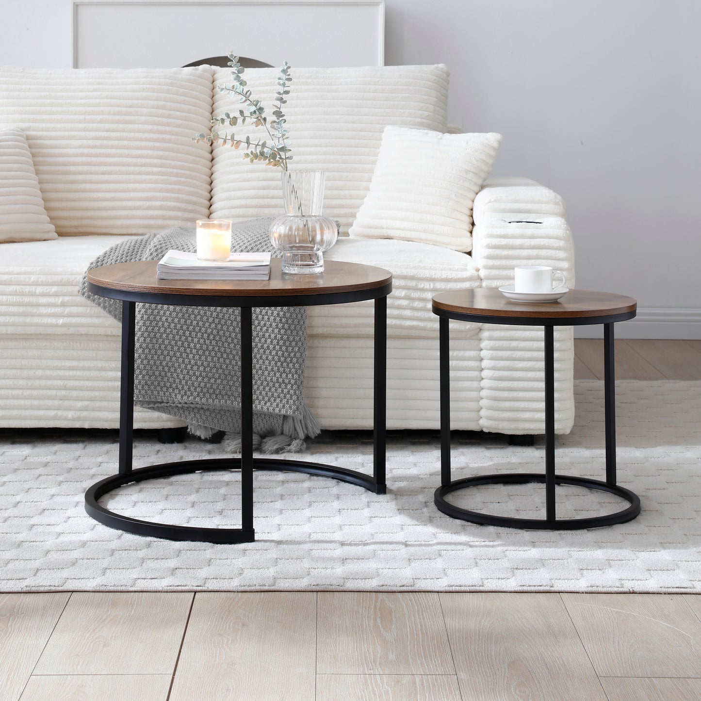 Set of 2 Nesting Round Coffee Tables with Metal Frame and MDF Tops, Separable, Living Room, Walnut