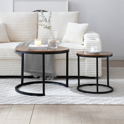 Set of 2 Nesting Round Coffee Tables with Metal Frame and MDF Tops, Separable, Living Room, Walnut