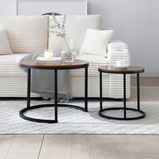 Set of 2 Nesting Round Coffee Tables with Metal Frame and MDF Tops, Separable, Living Room, Walnut