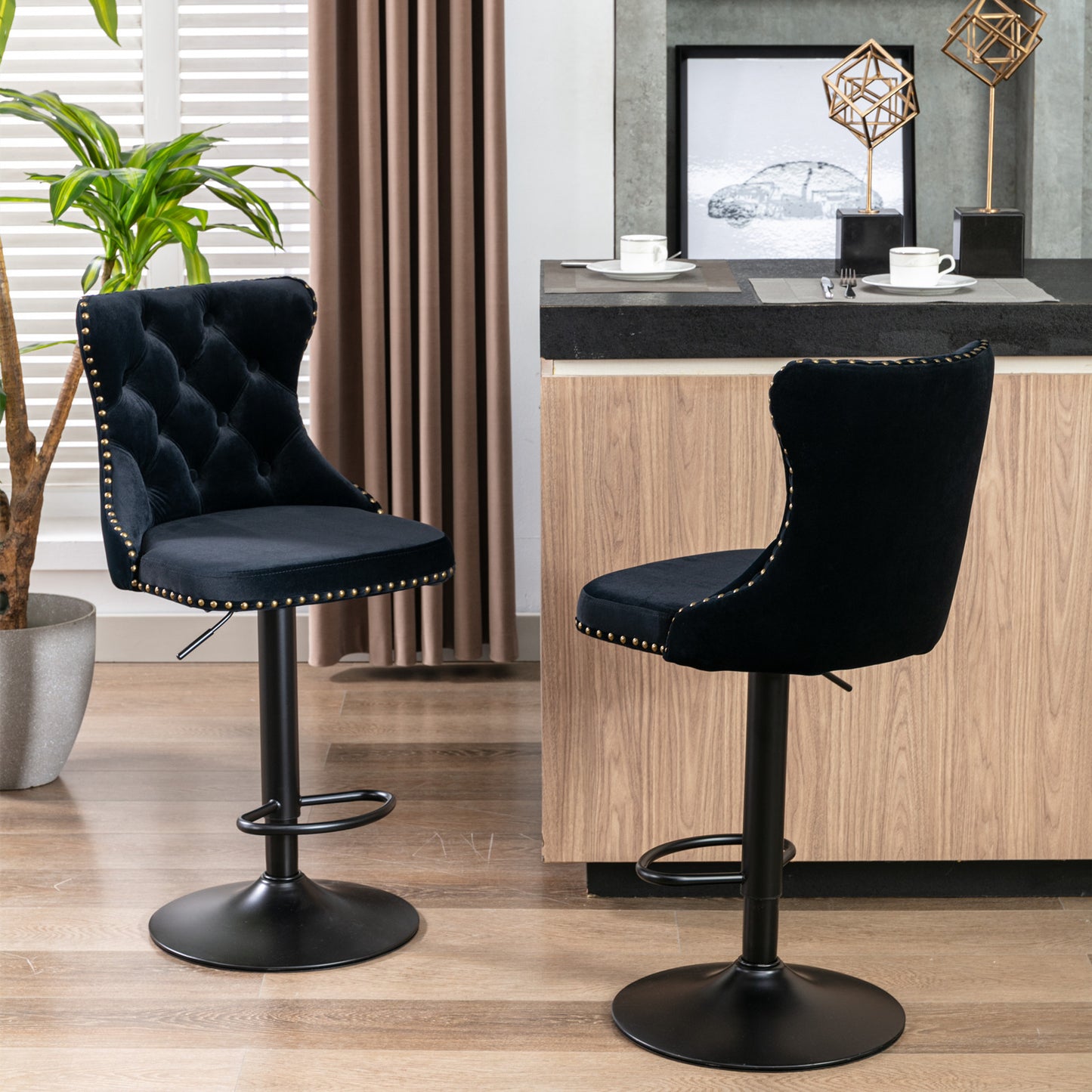 Velvet Swivel Bar Stools Set 2 Adjustable 25 33in Black