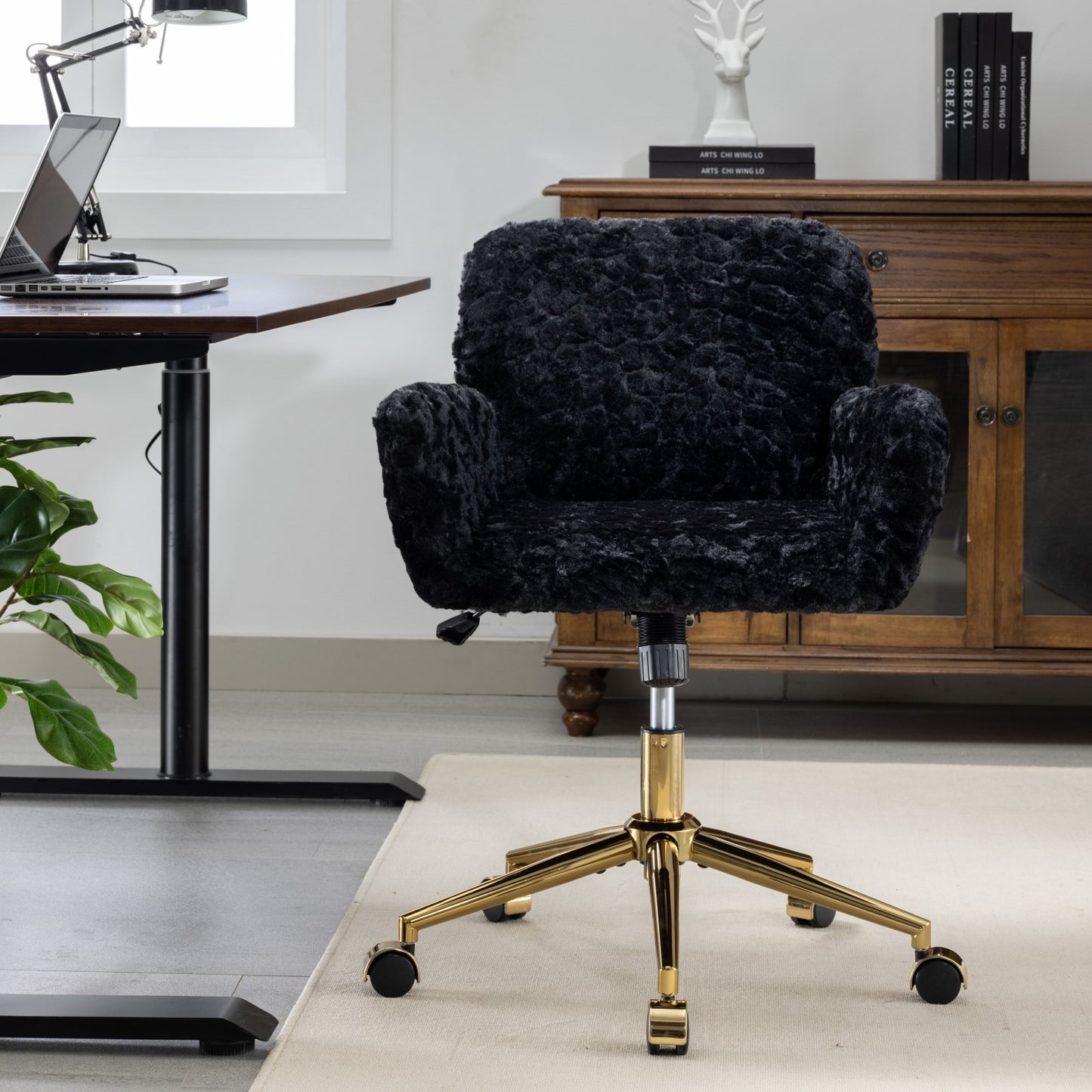 Elegant Black Upholstered Office Chair with Golden Metal Base, Adjustable Swivel Design, Ideal for Home and Vanity Use