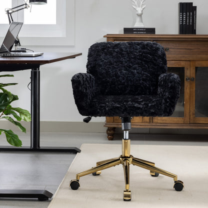 Elegant Black Upholstered Office Chair with Golden Metal Base, Adjustable Swivel Design, Ideal for Home and Vanity Use