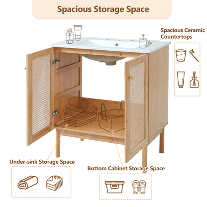 Elegant 30-Inch Natural Bamboo Bathroom Vanity with Artisanal Rattan Doors and Soft-Close Mechanism