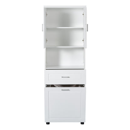 White Tall Storage Cabinet with Tilt-Out Laundry Hamper and Upper Shelves