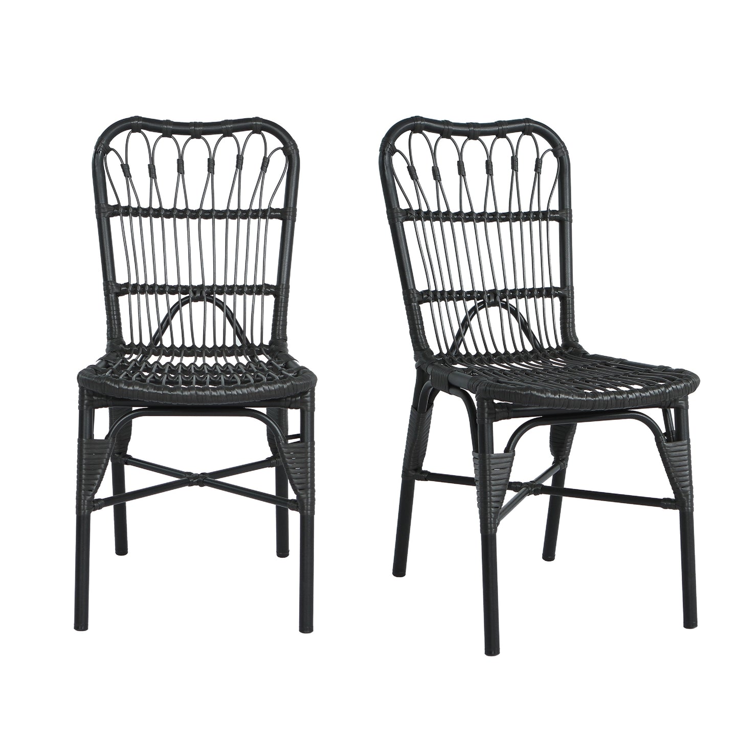 Outdoor PE Wicker Patio Dining Chairs Set Of 2 Handwoven Rattan With Iron Frame Garden Furniture UV Resistant Grey