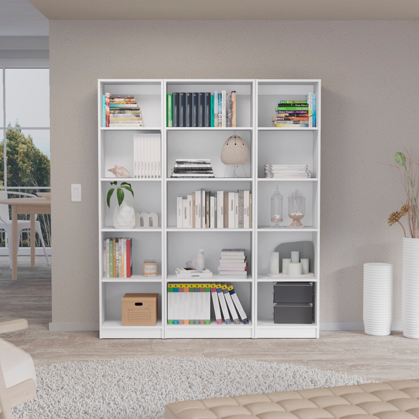 Modern White 3-Piece Bookcase Set with Ample Shelving for Living Room and Office