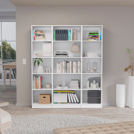 Modern White 3-Piece Bookcase Set with Ample Shelving for Living Room and Office