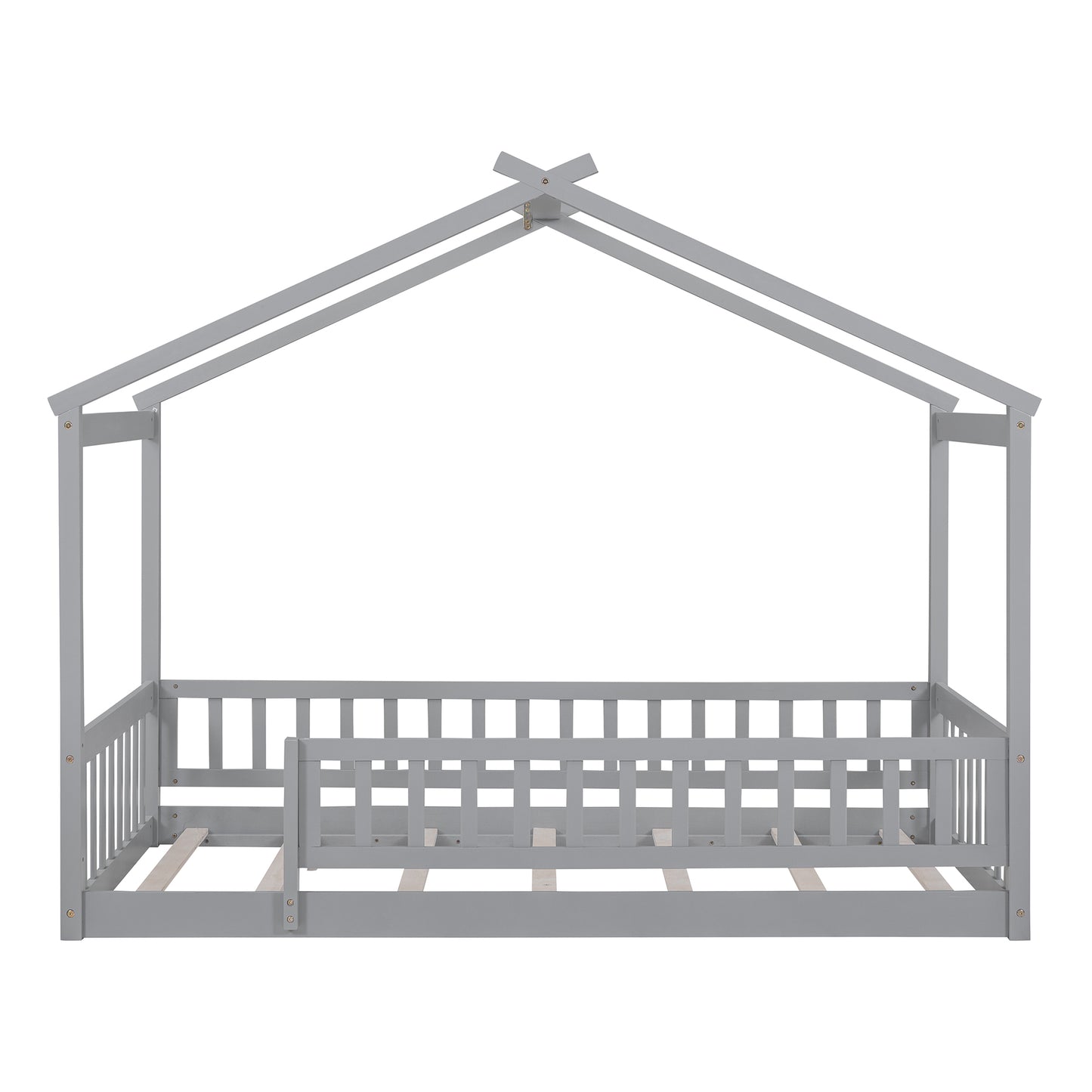 Whimsical Twin Wooden House Bed Frame with Fenced Design for Kids and Teens - Gray