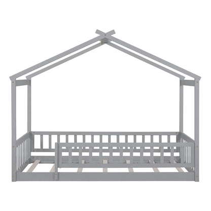 Whimsical Twin Wooden House Bed Frame with Fenced Design for Kids and Teens - Gray