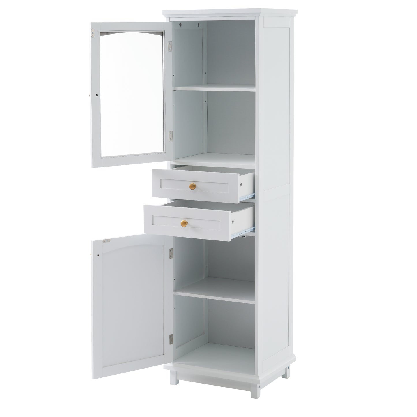 Elegant 63" Tall White Bathroom Storage Cabinet with Glass Doors, Two Drawers, Adjustable Shelves, and Anti-Tipping Design - Perfect for Organizing and Displaying Essentials