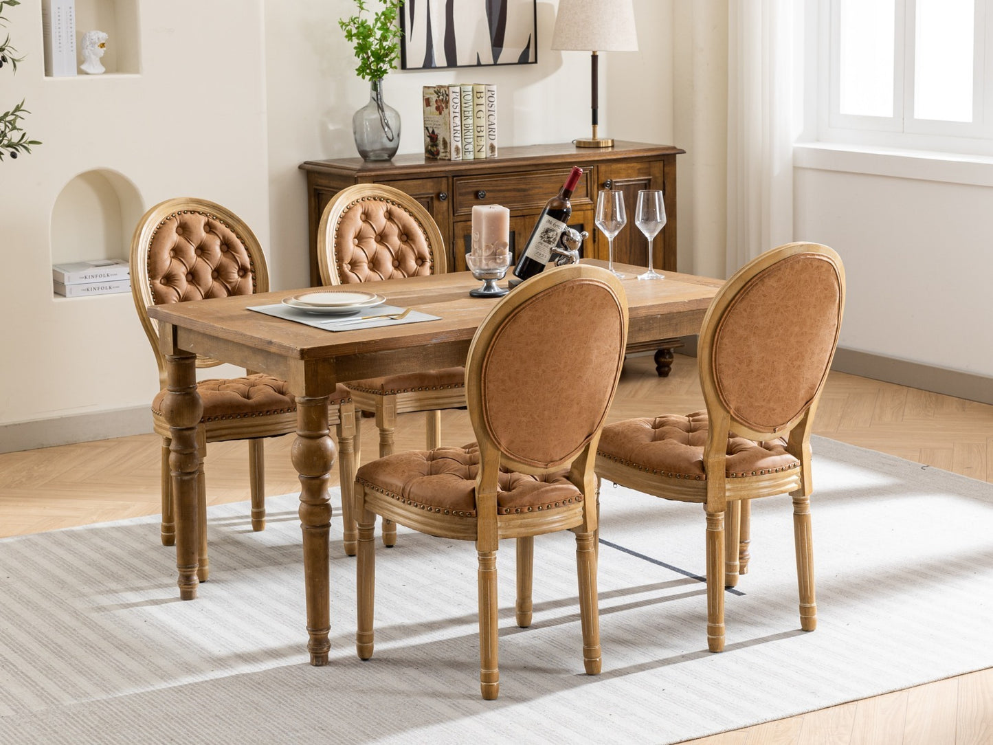 French Style Solid Wood Dining Chair Set of 2 with PU Leather, Nailhead, High Back, Rubberwood Orange