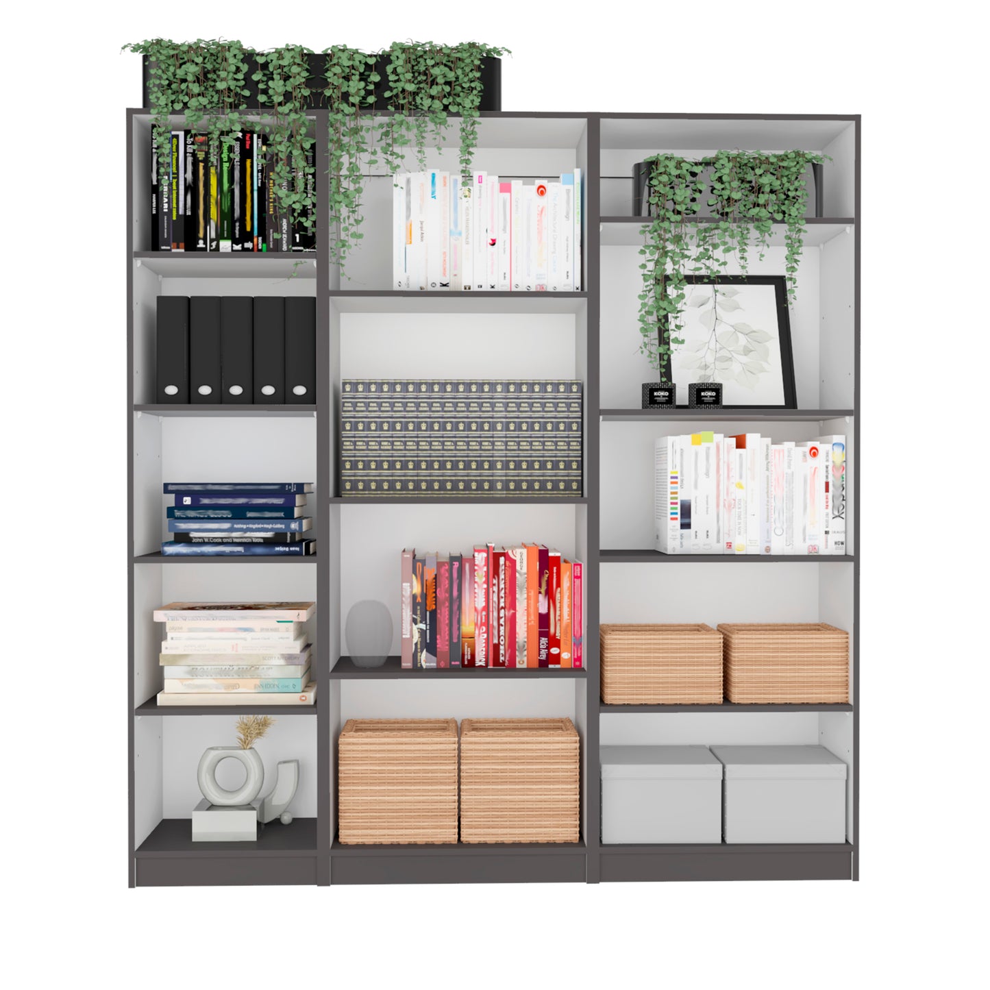 Modern 3-Piece Bookcase Set with 14 Shelves - Matt Gray and White Finish for Living Room