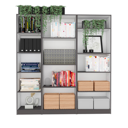Modern 3-Piece Bookcase Set with 14 Shelves - Matt Gray and White Finish for Living Room