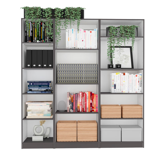 Modern 3-Piece Bookcase Set with 14 Shelves - Matt Gray and White Finish for Living Room