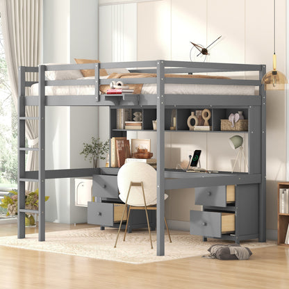 Gray Full Size Loft Bed with Integrated Desk, Storage Solutions, and Charging Station