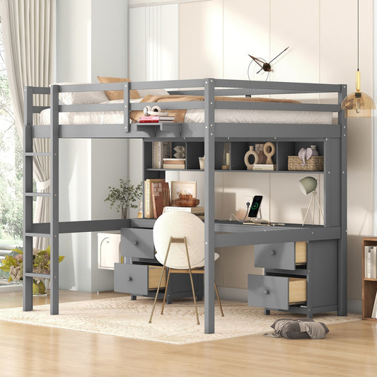 Gray Full Size Loft Bed with Integrated Desk, Storage Solutions, and Charging Station
