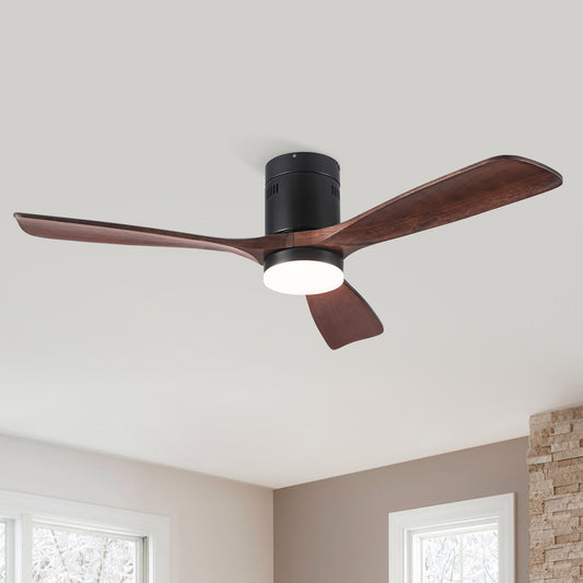 52-Inch Integrated LED Ceiling Fan with Solid Wood Blades, 6-Speed, Flush Mount, Downrod, Antique Black
