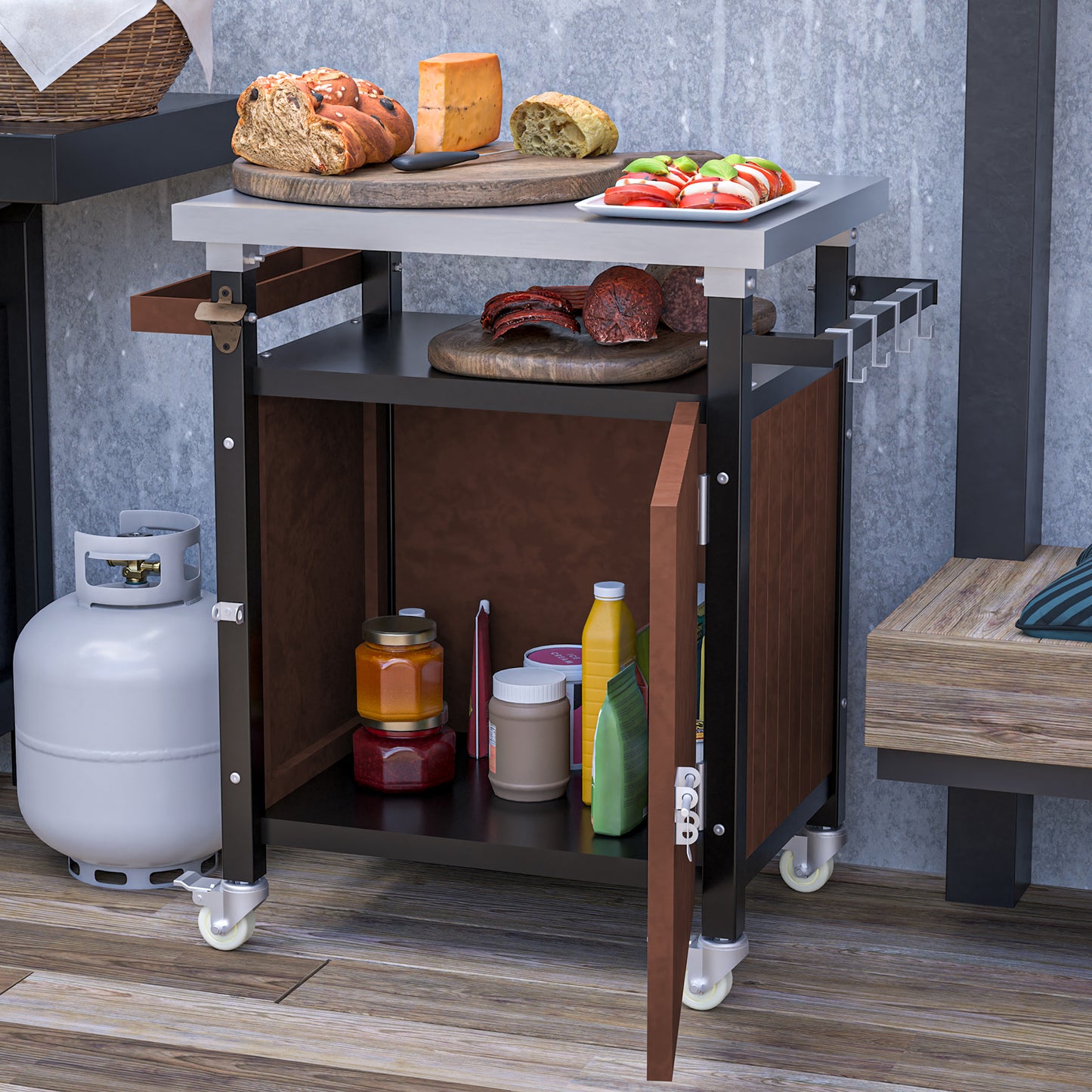 Rolling Outdoor Grill Cart with Stainless Steel Surface, Versatile Patio Kitchen Island, Mobile BBQ Serving Station with Storage, Hooks, and Spice Rack