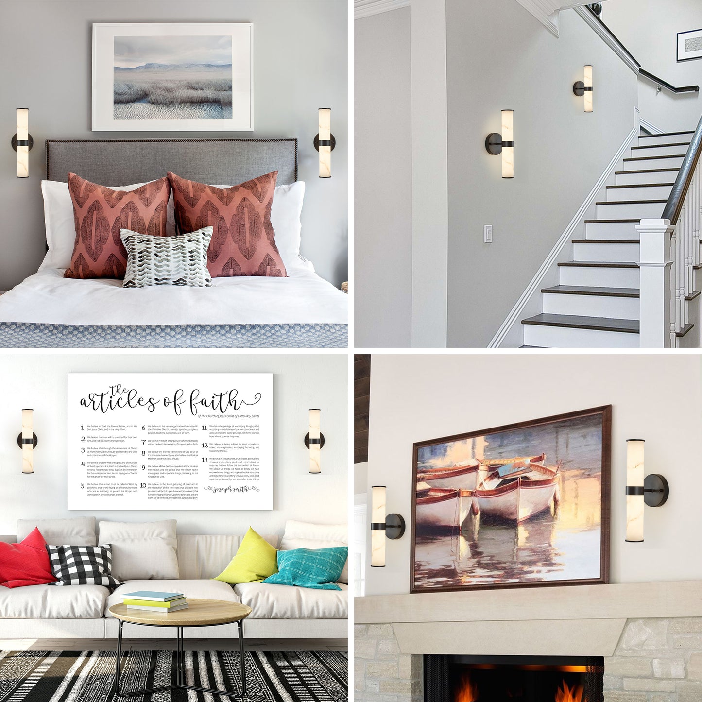 2-Pack Faux Marble Resin Wall Sconces – Indoor Hallway, Bathroom, Bedroom Lighting, Black Iron Finish