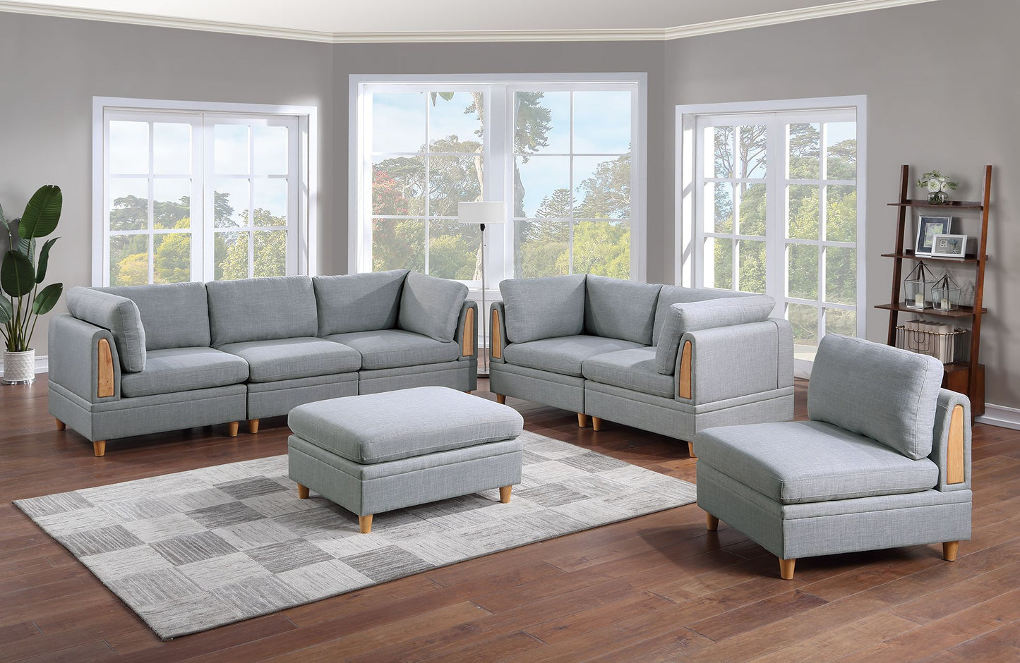 7-Piece Modular Living Room Sofa Set: 4 Corner Wedges, 2 Armless Chairs, 1 Ottoman, Fabric Light Grey