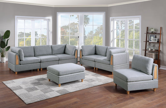 7-Piece Modular Living Room Sofa Set: 4 Corner Wedges, 2 Armless Chairs, 1 Ottoman, Fabric Light Grey