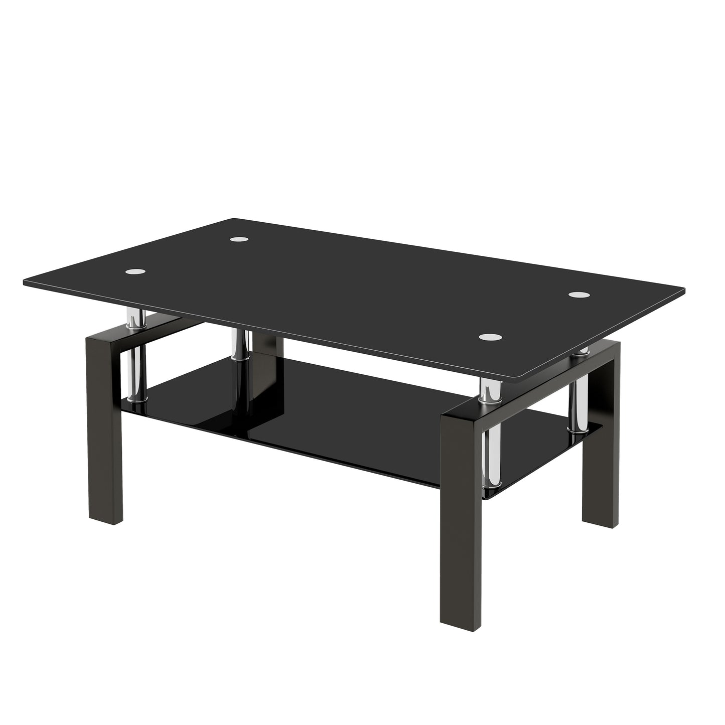 Two-Tier Tempered Glass Coffee Table with Waterfall Edges, 39x24in, 8mm Top + 5mm Shelf, Modern Black
