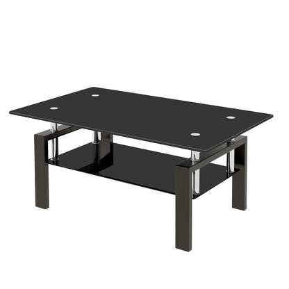 Two-Tier Tempered Glass Coffee Table with Waterfall Edges, 39x24in, 8mm Top + 5mm Shelf, Modern Black