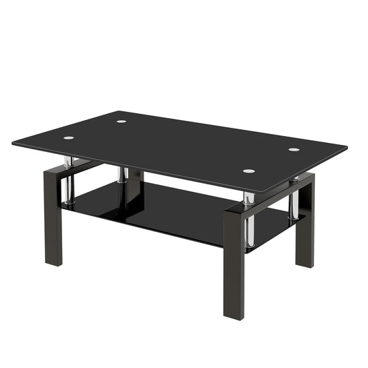 Two-Tier Tempered Glass Coffee Table with Waterfall Edges, 39x24in, 8mm Top + 5mm Shelf, Modern Black