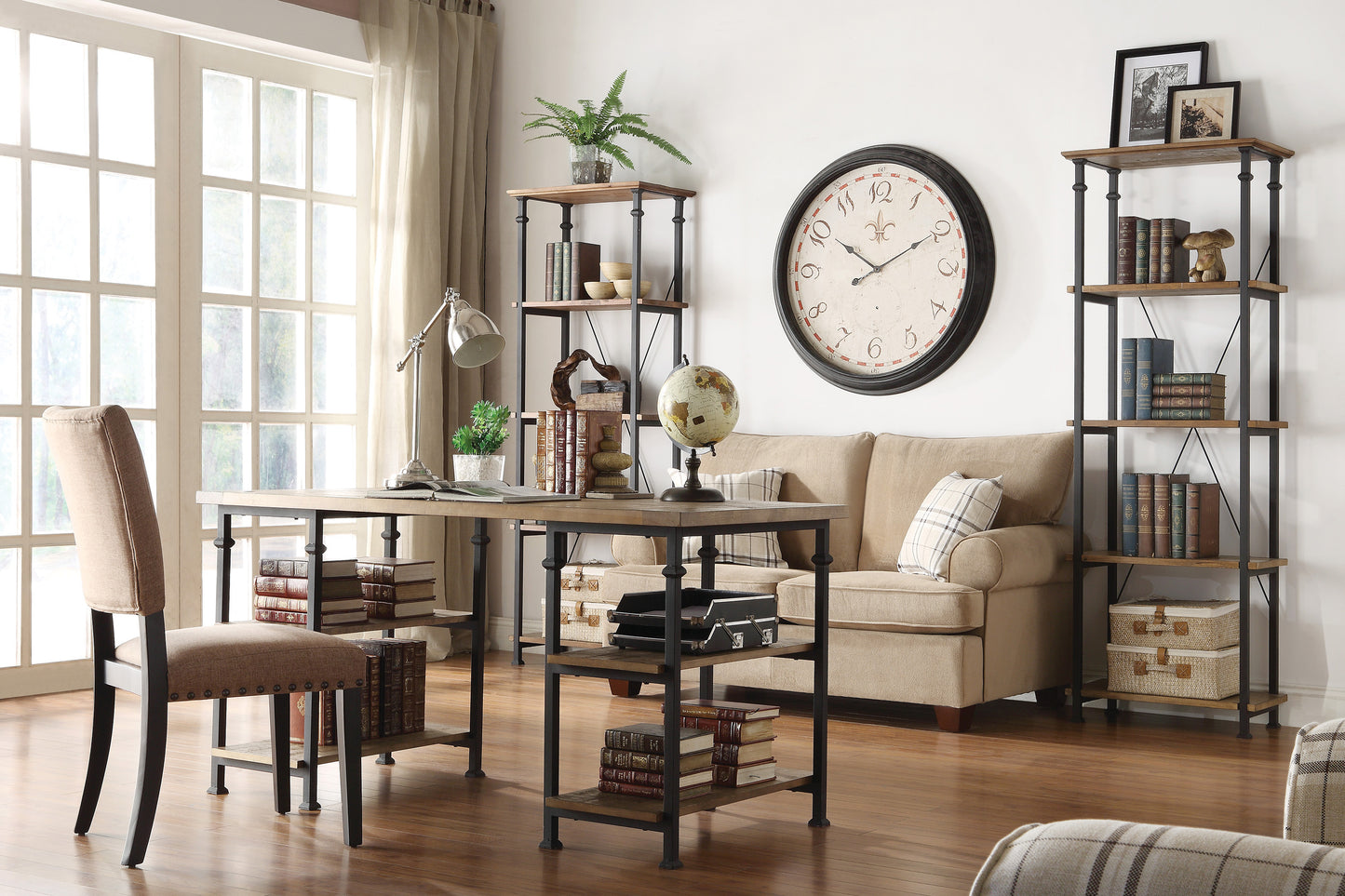 Rustic Industrial Writing Desk with 4 Open Shelves - Solid Wood and Metal Modern Office Table