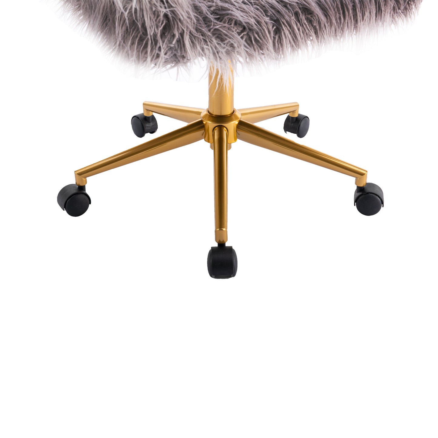 Elegant Grey Faux Fur Office Chair with Golden Base - Fluffy Makeup Vanity Chair for Stylish Girls