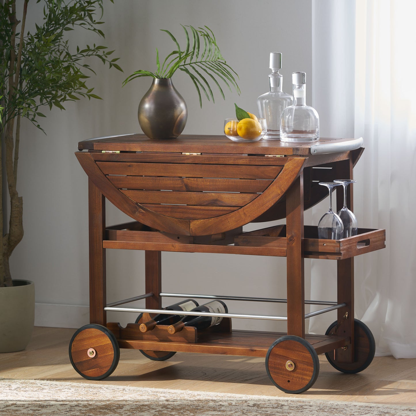 Tillary Drop Leaf Outdoor Bar Cart With Wine Rack Oak Finish