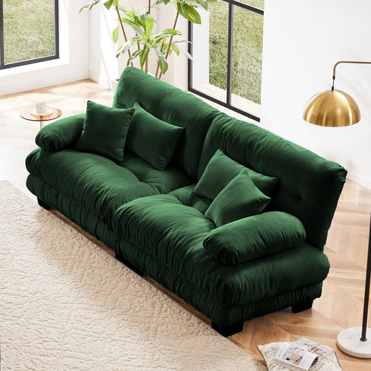 2-Seater Chenille Sofa for Living Room, Cloud-Style Deep Seat, 2 Lumbar & 2 Pillows, Wood Frame, Green