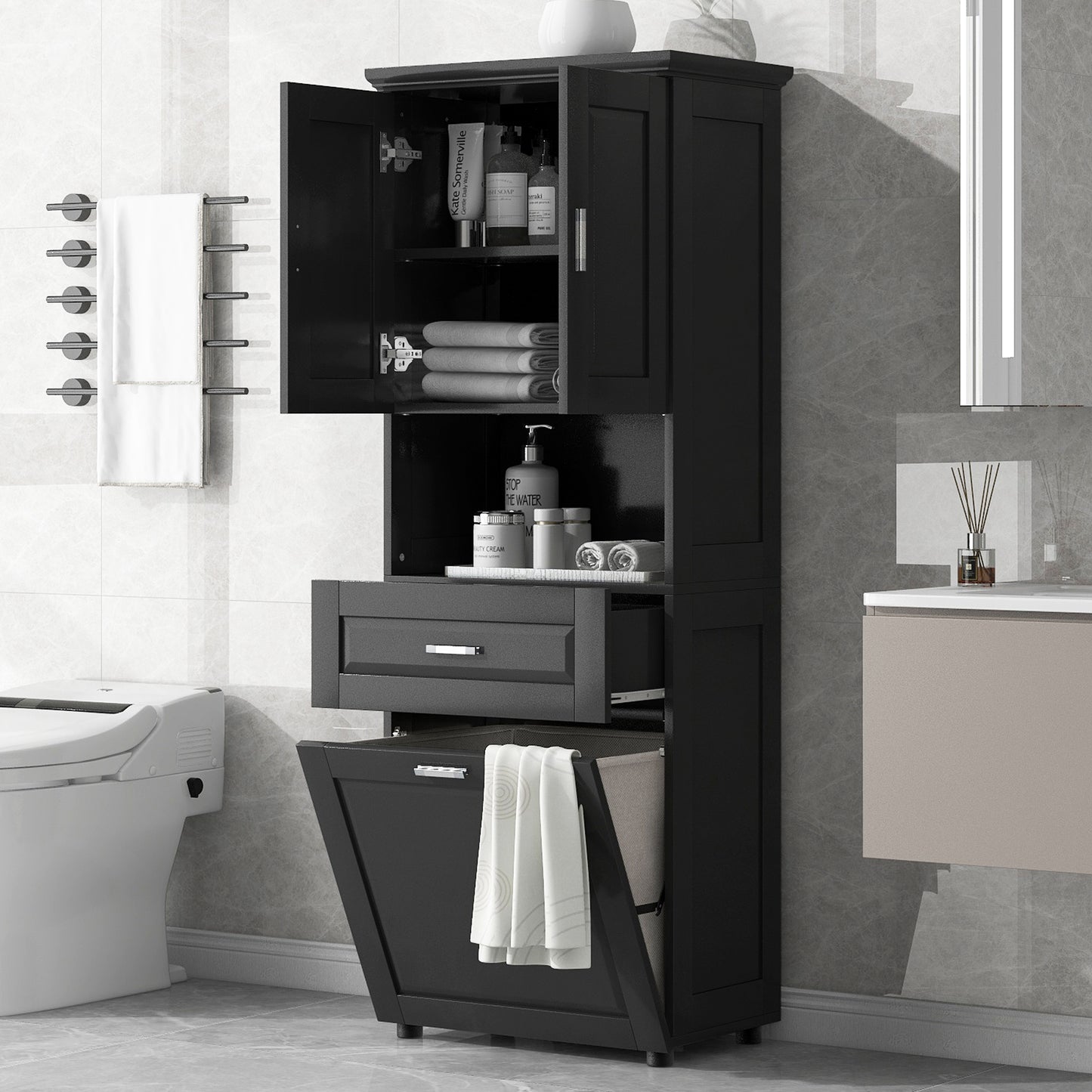 Stylish Tall Black Bathroom Storage Cabinet with Removable Laundry Basket and Ample Organizing Space